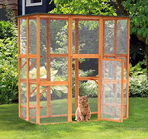 Pawhut Outdoor Cat House Big Catio Wooden Feral Cat Shelter Enclosure With Large Spacious Interior, 6 High Ledges, Weather Protection Asphalt Roof, 71' L, Orange