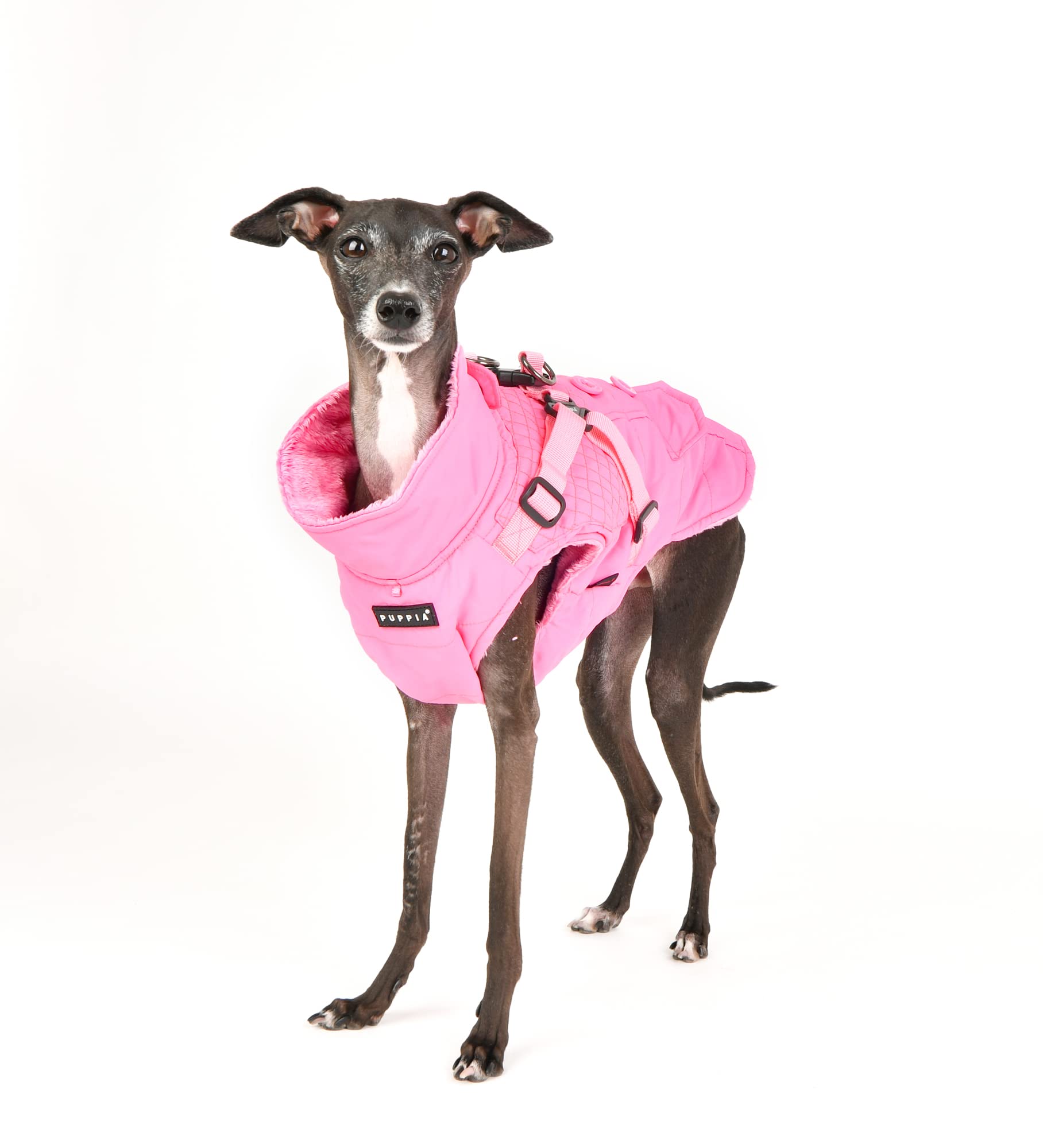 Puppia Wilkes Winter Dog Coat With Integrated Harness No Pull Cold Weather Waterproof Warm Fleece Back Zipper For Small & Medium Dog, Pink, Large