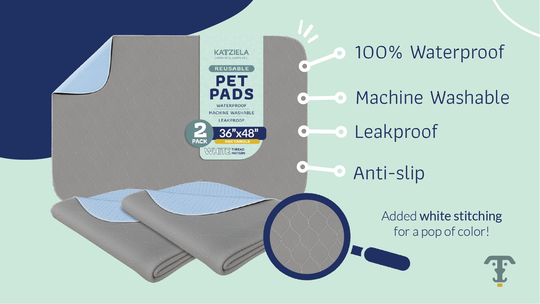 Katziela Washable Pet Pads (2 Pack 36In X 48In)Super Absorbent Waterproof Reusable Dog Pee Pads For Dogs Washable Puppy Pads For