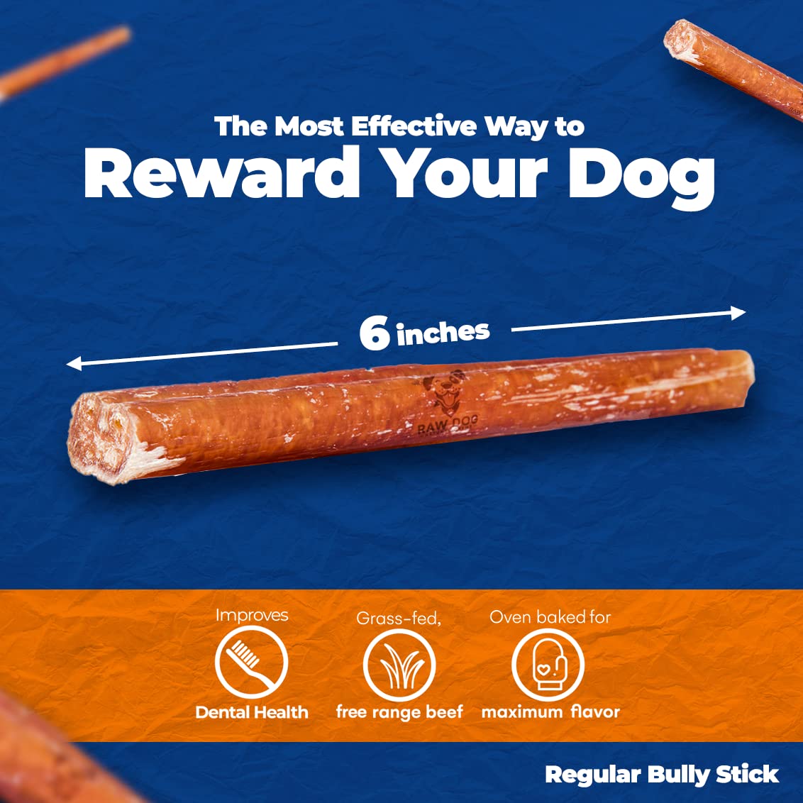 Raw Dog Bully Sticks All-Natural Dog Treats, 6IN Regular Size, 7pk - Premium Odor Free Dog Chews, 100% Beef, Grass Fed, Non-GMO