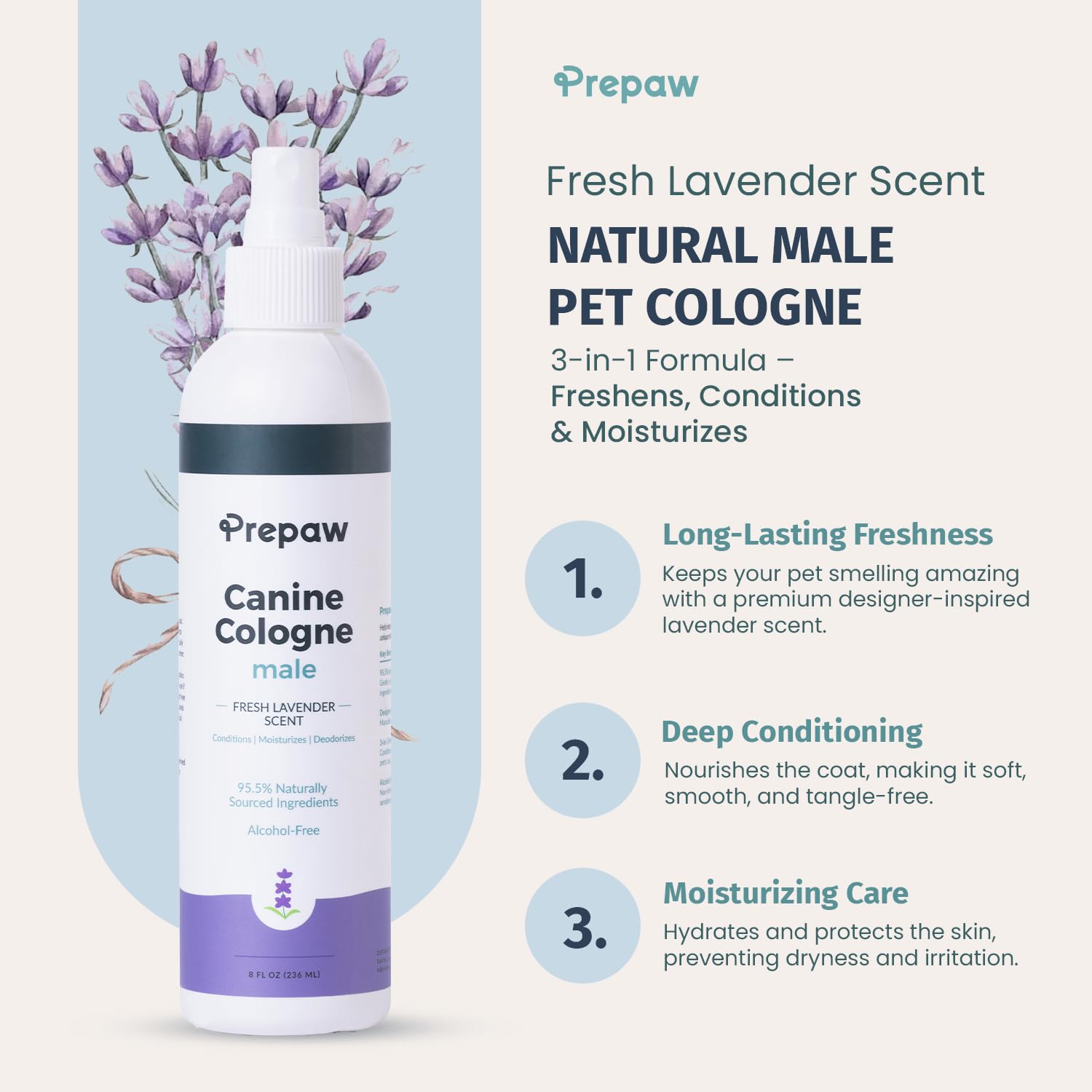 Prepaw Luxury Male Pet Cologne - Fresh Lavender, 3-in-1 Formula, 8 fl oz, 94% Natural Ingredients, Long Lasting Fragrance