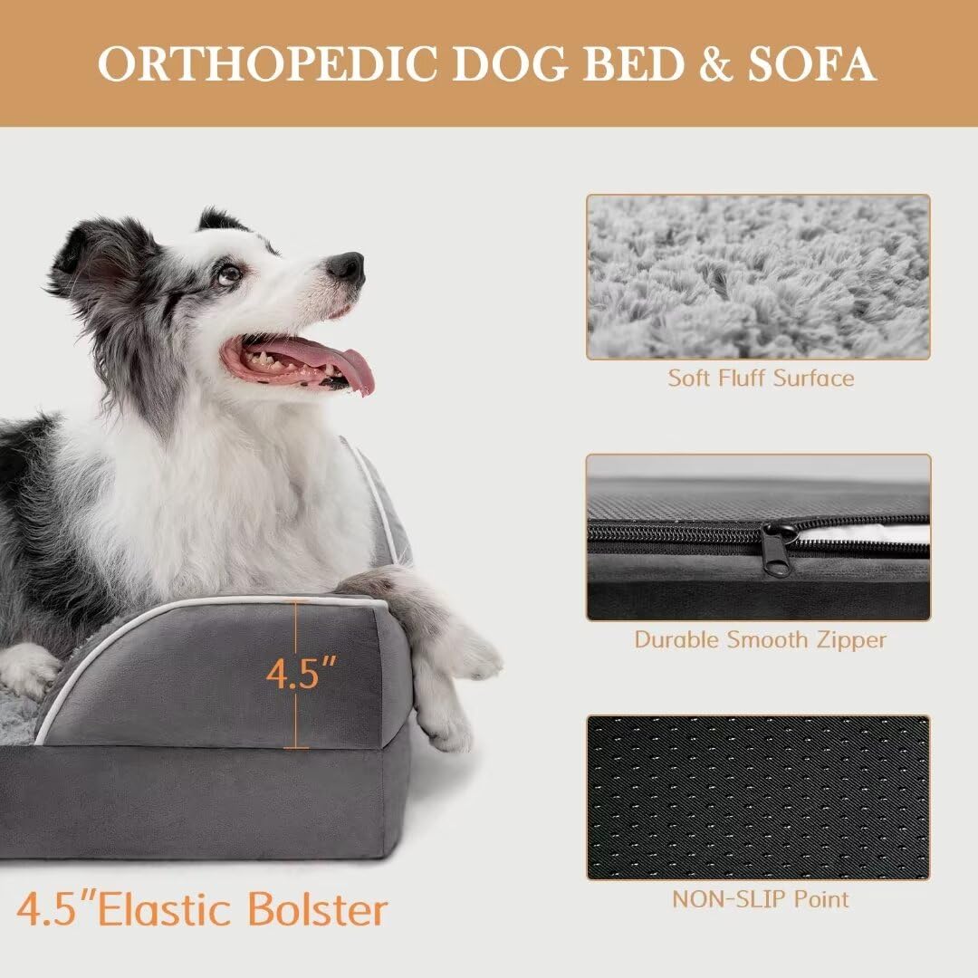 Comfort Expression Cooling Dog Bed For Large Dogs, Orthopedic Memory Foam Dog Bed, Waterproof Dog Beds, Washable Dog Bed With Removable Cover,Pet Bed Dog Sofa With Bolster(Large,Silver Grey)
