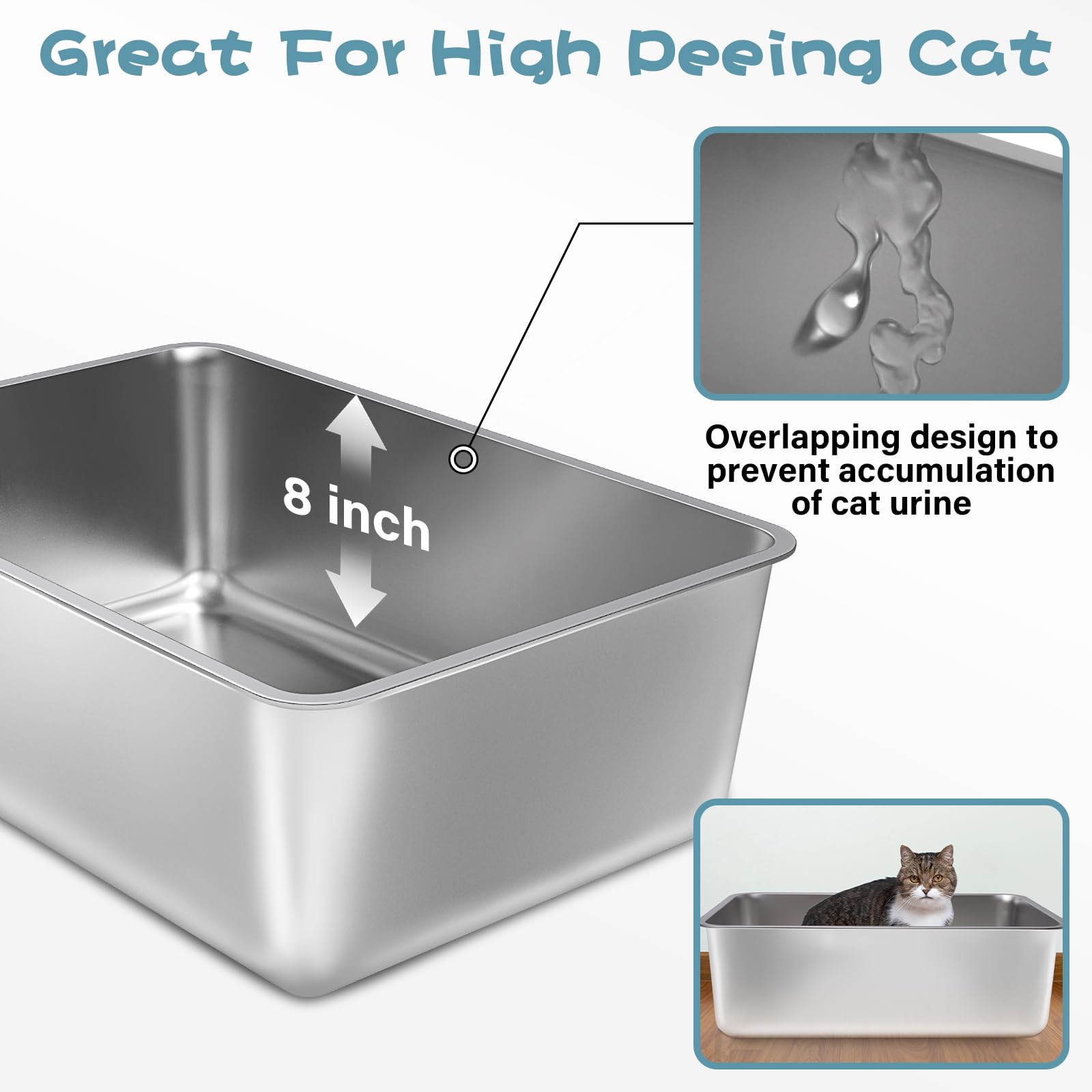 Futam 2 Pack Stainless Steel Cat Litter Box, 23.6''X15.8''X8'' Xxl Stainless Steel Litter Box 8 Inch Deep, Extra Large Metal Lit