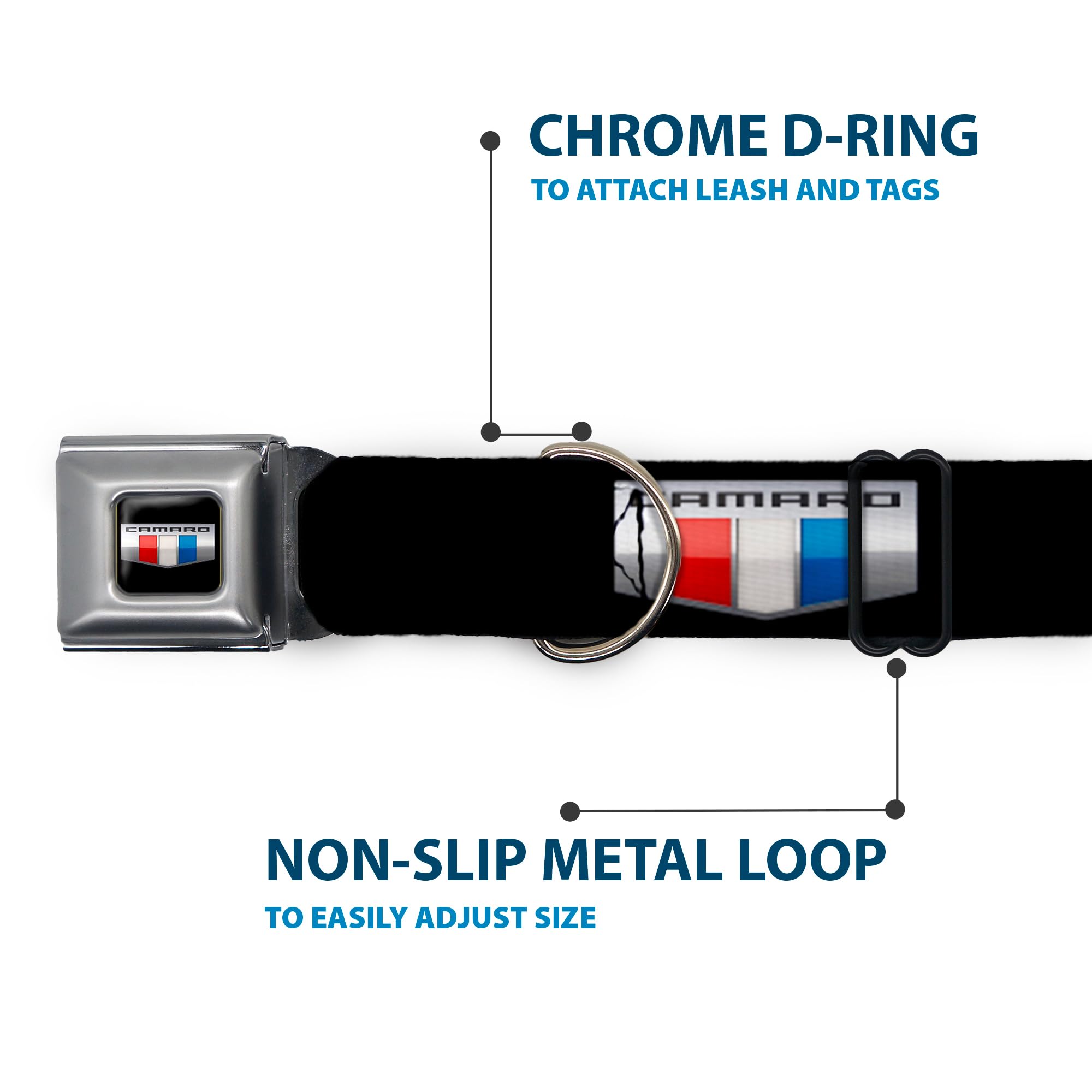 Buckle-Down Seatbelt Buckle Dog Collar - Camaro Six Badge Black/Silver/Red/White/Blue - 1.5'' Wide - Fits 16-23'' Neck - Medium