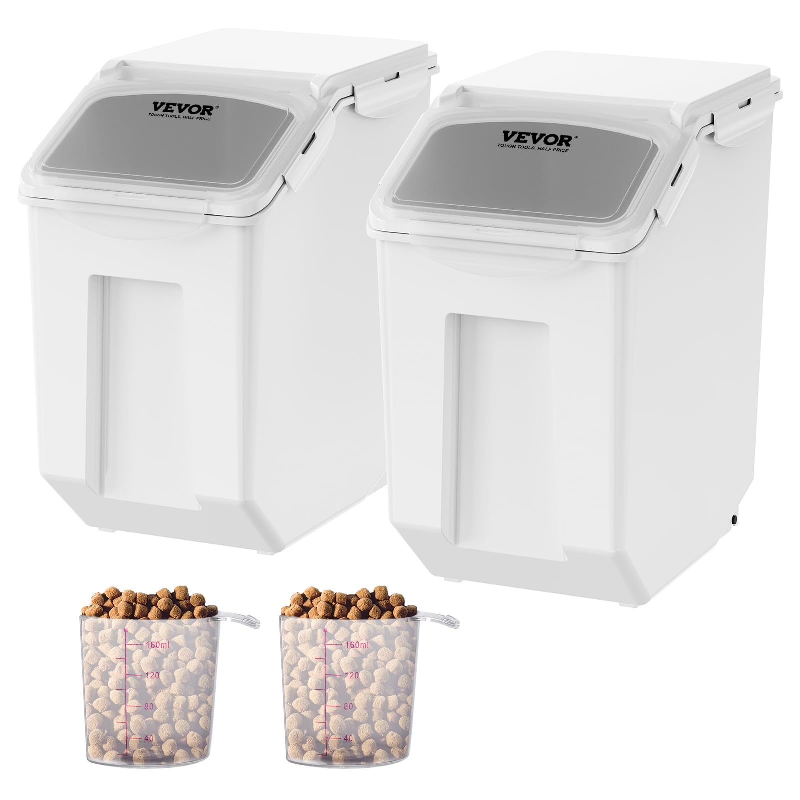 VEVOR Ingredient Storage Bin, 2 x 15L Dispenser Bin with 2 Measuring Cups, Attachable Casters and Airtight Lid, 2 Pcs/Set Dog Pe