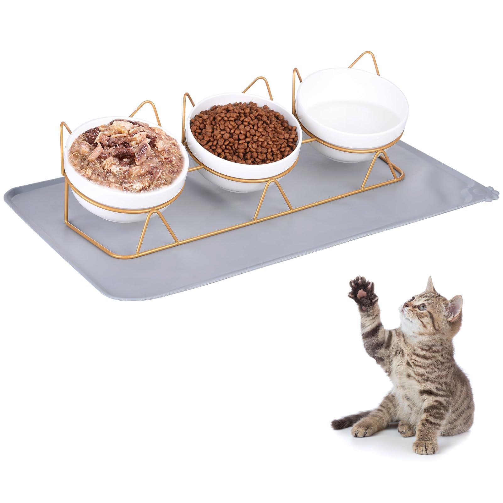 Trosetry Cat Bowls Set of 3, Ceramic Raised Cat Food Bowl with Pet Food Mat Elevated 15Tilted Kitten Drink Bowl Gold Stand for F