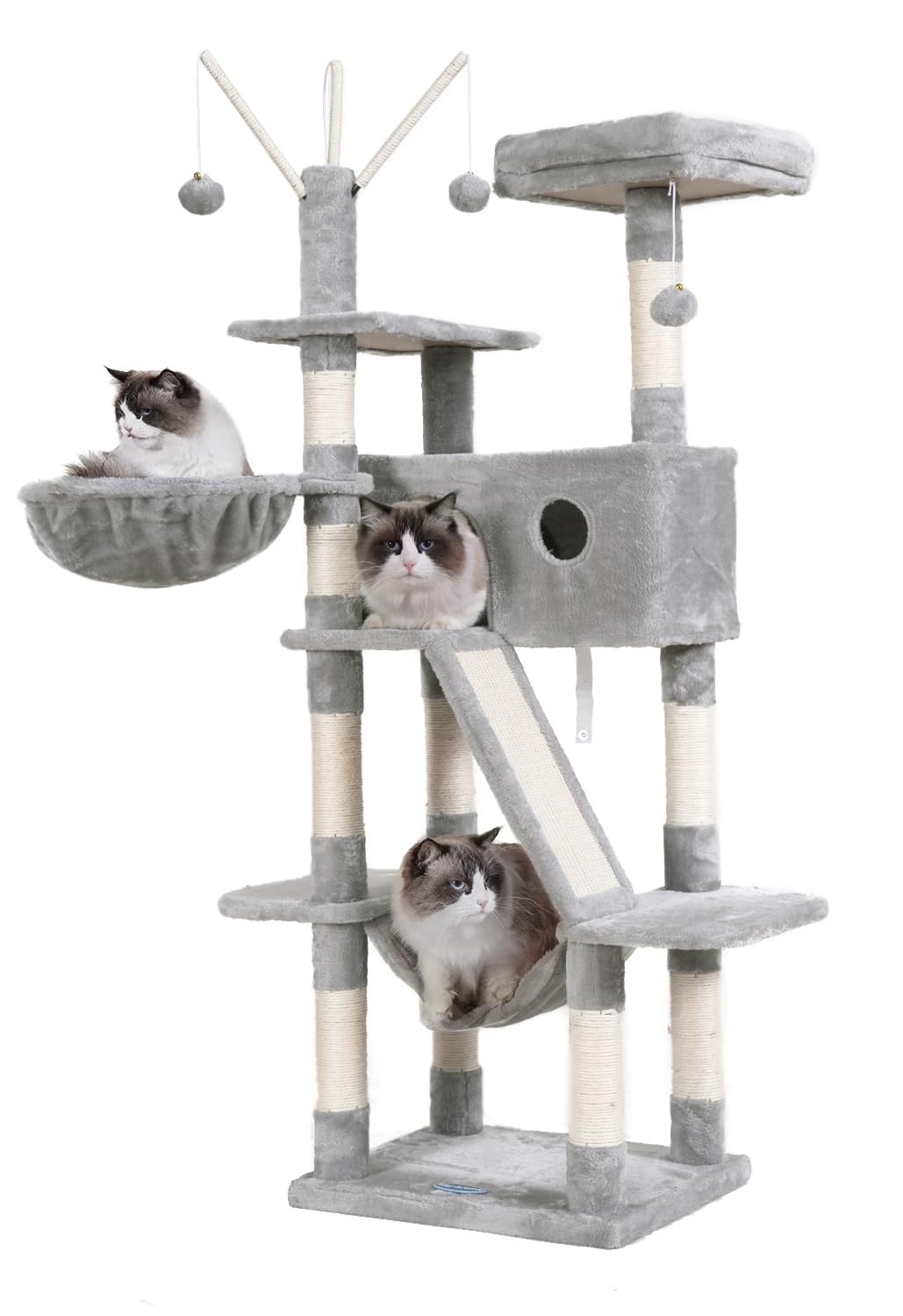Hey-Brother Cat Tree, 61 Inch Cat Tower For Indoor Cats, Cat House With Padded Platform Bed, Toy Balls, Large Cozy Condo, Hammocks And Sisal Scratching Posts, Light Gray Mpj019W