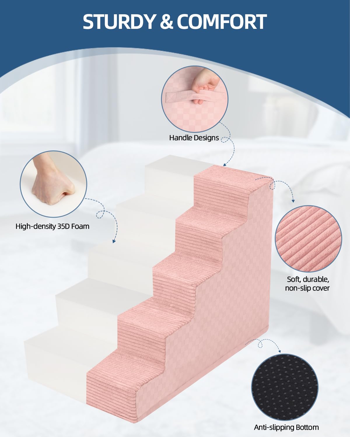 Vfrog Dog Stairs - 5-Step Foam Pet Steps for Small Dogs & Cats, Non-Slip, 22"H, Pink, Model GLT06