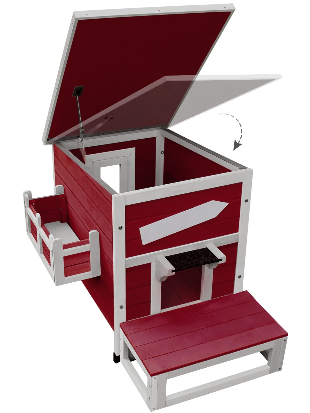 Rockever Outdoor Cat House - Large Weatherproof Wooden Shelter for Feral Cats, Escape Door, Wine Red, Model 4002r