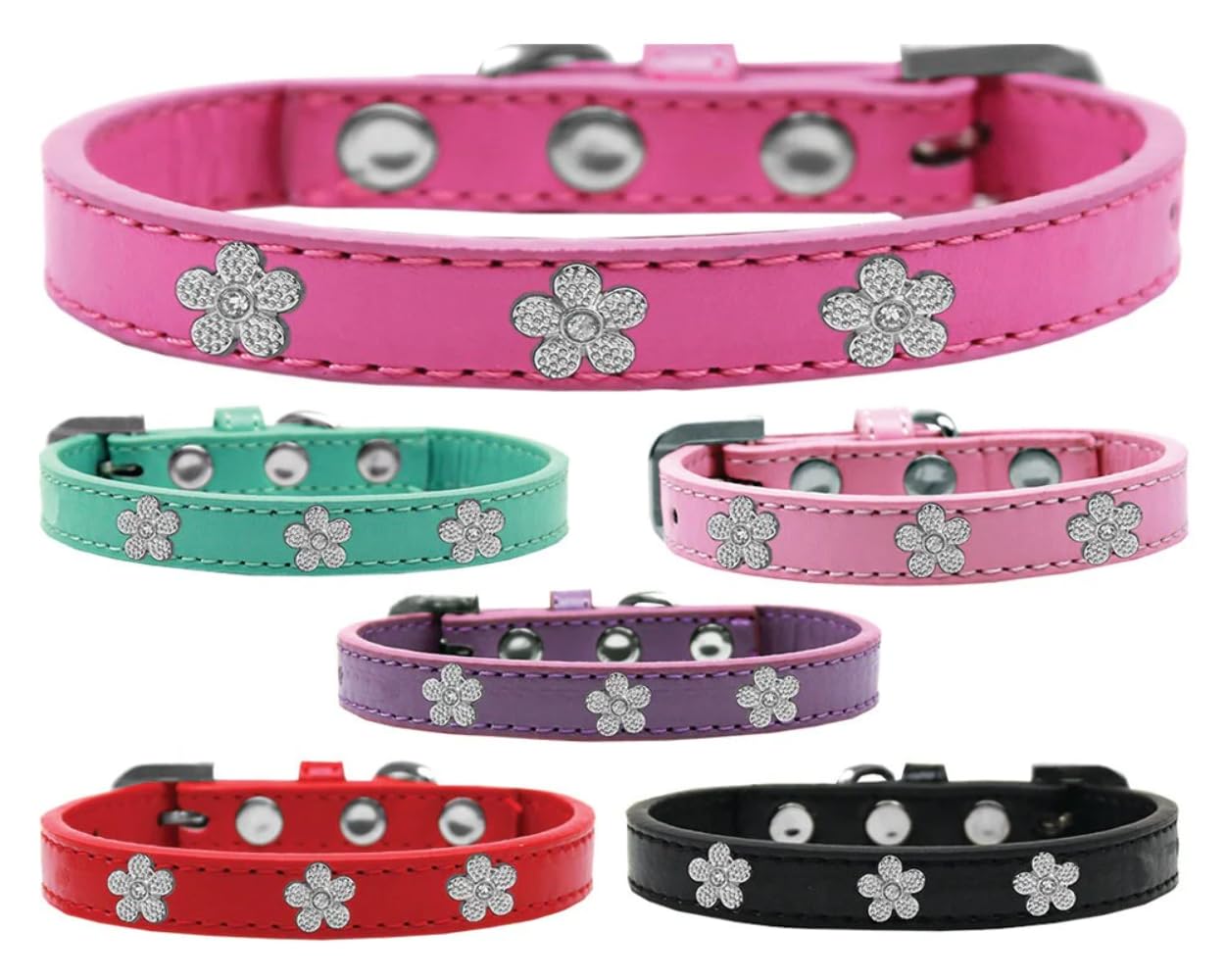 Dog, Puppy & Pet Widget Fashion Collar, Silver Flower Black 14