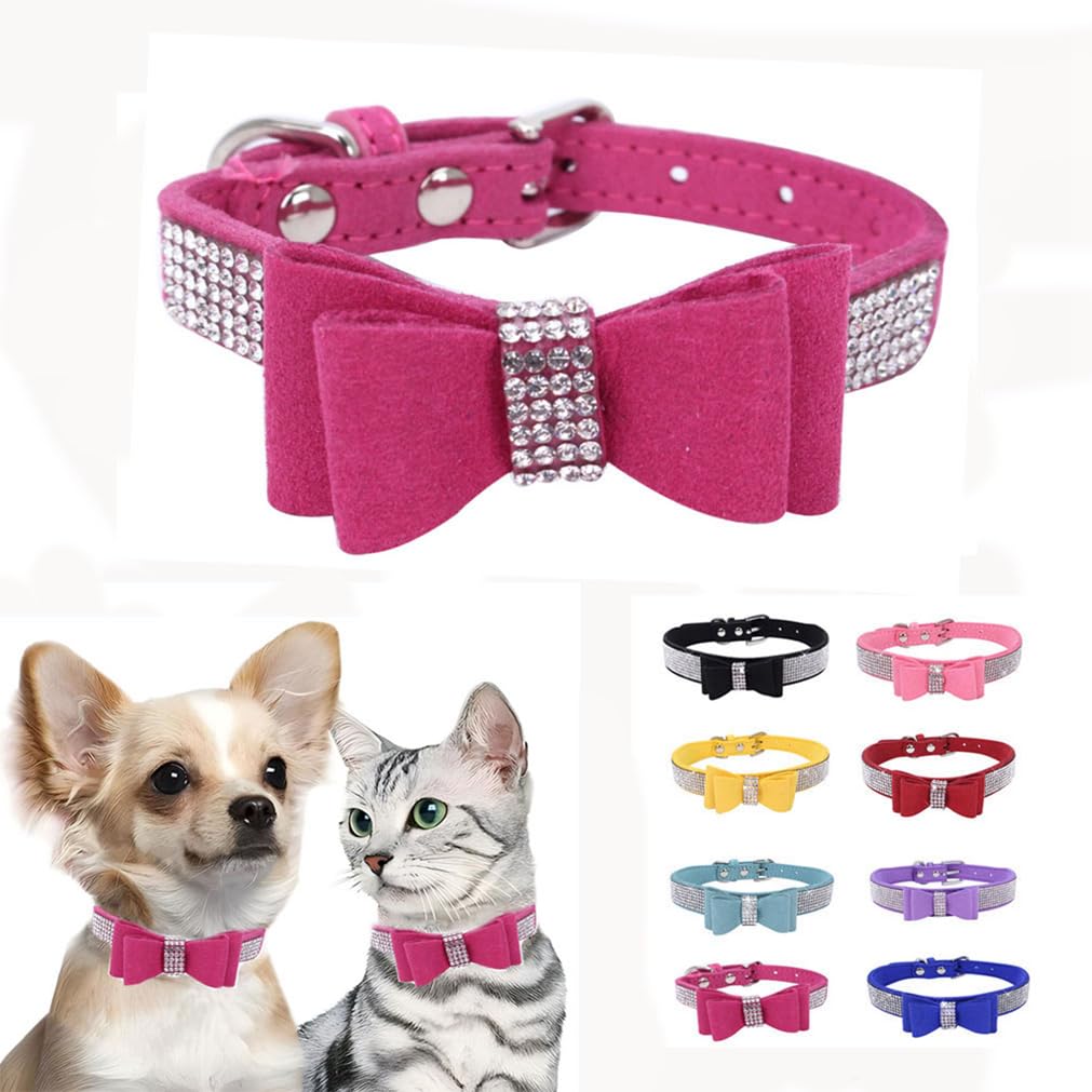 Hot Pink Diamond Dog Collar, Extra Small Dog Collar Girl, Rhinestone Bling Jewel Glitter Sparkly Bedazzled Pet Collars With Bow 
