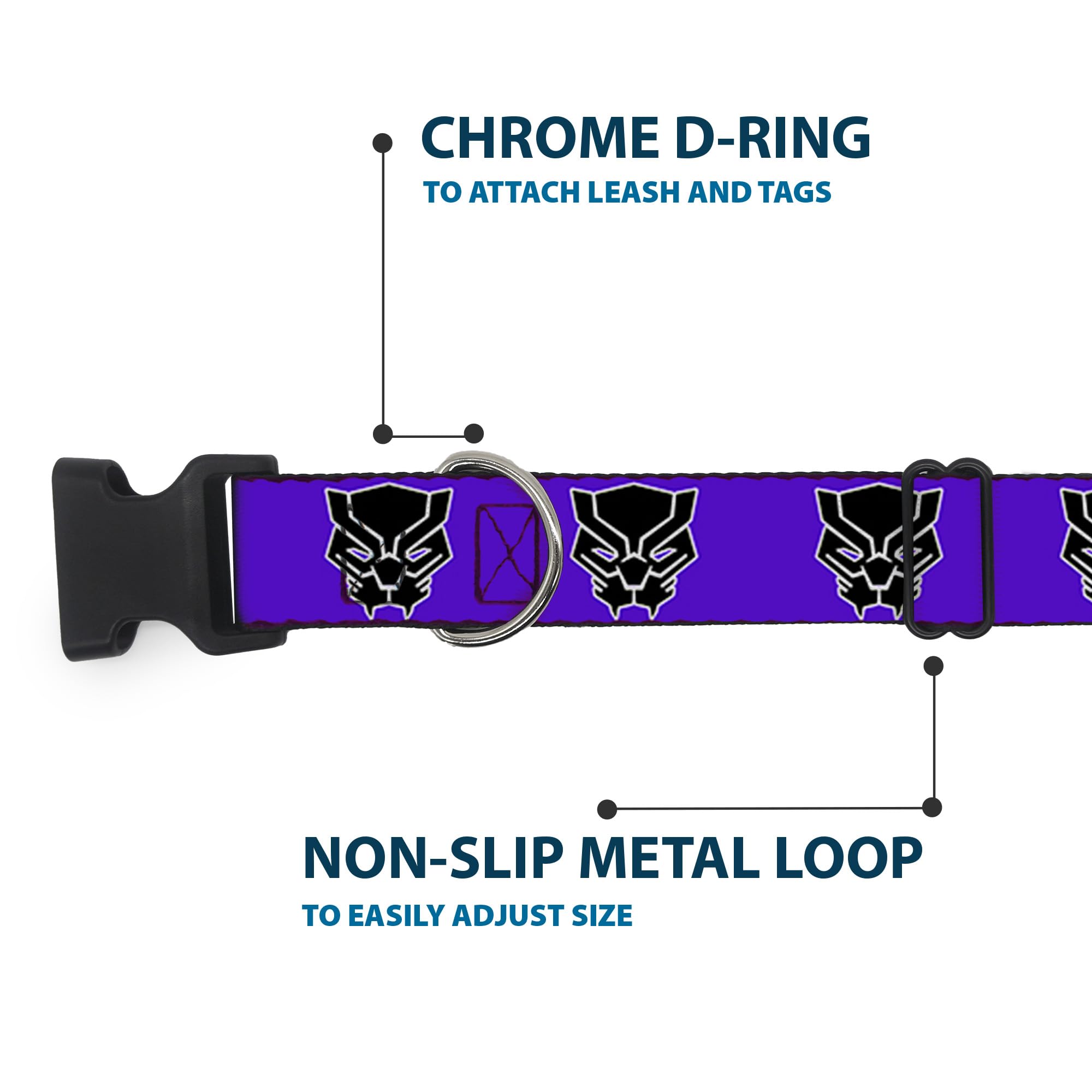 Buckle-Down Dog Collar Plastic Clip Black Panther Avengers Icon Purple White Black 6 To 9 Inches 0.5 Inch Wide