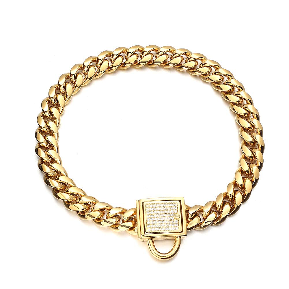 Gold Dog Chain Collar 10Mm Wide Cuban Link Puppy Collar 316L Stainless Steel With Cz Diamond Lock Bling Collar For Medium Dogs(1