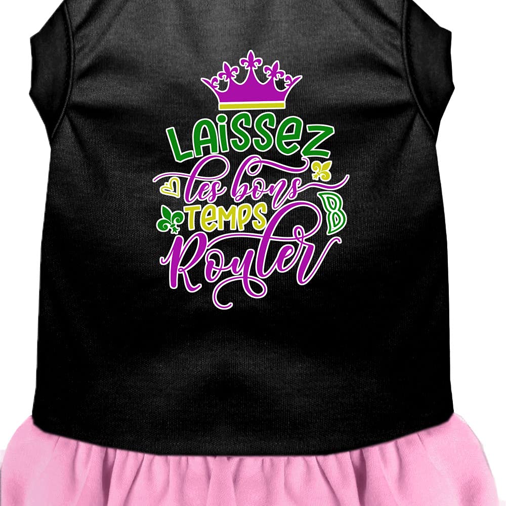 Pet Dog and Cat Dress Screen Printed, "Laissez Les Bons Temps Rouler" Black W/Light Pink XL (14-20 lbs.)