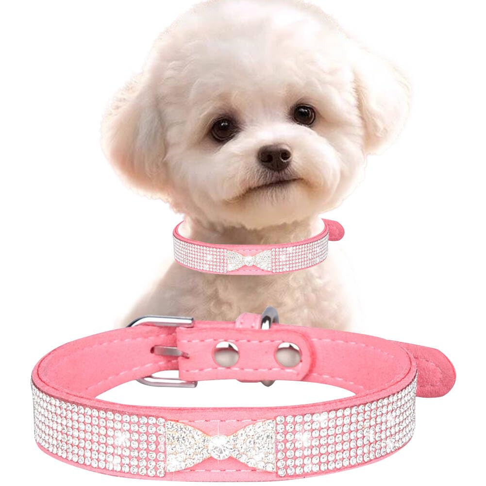 Pink Xs Dog Collar With Rhinestone, Pretty Bow Crystal Bling Cat Collars Glitter Jeweled Sparkly Diamond Girl Puppy Collar For X