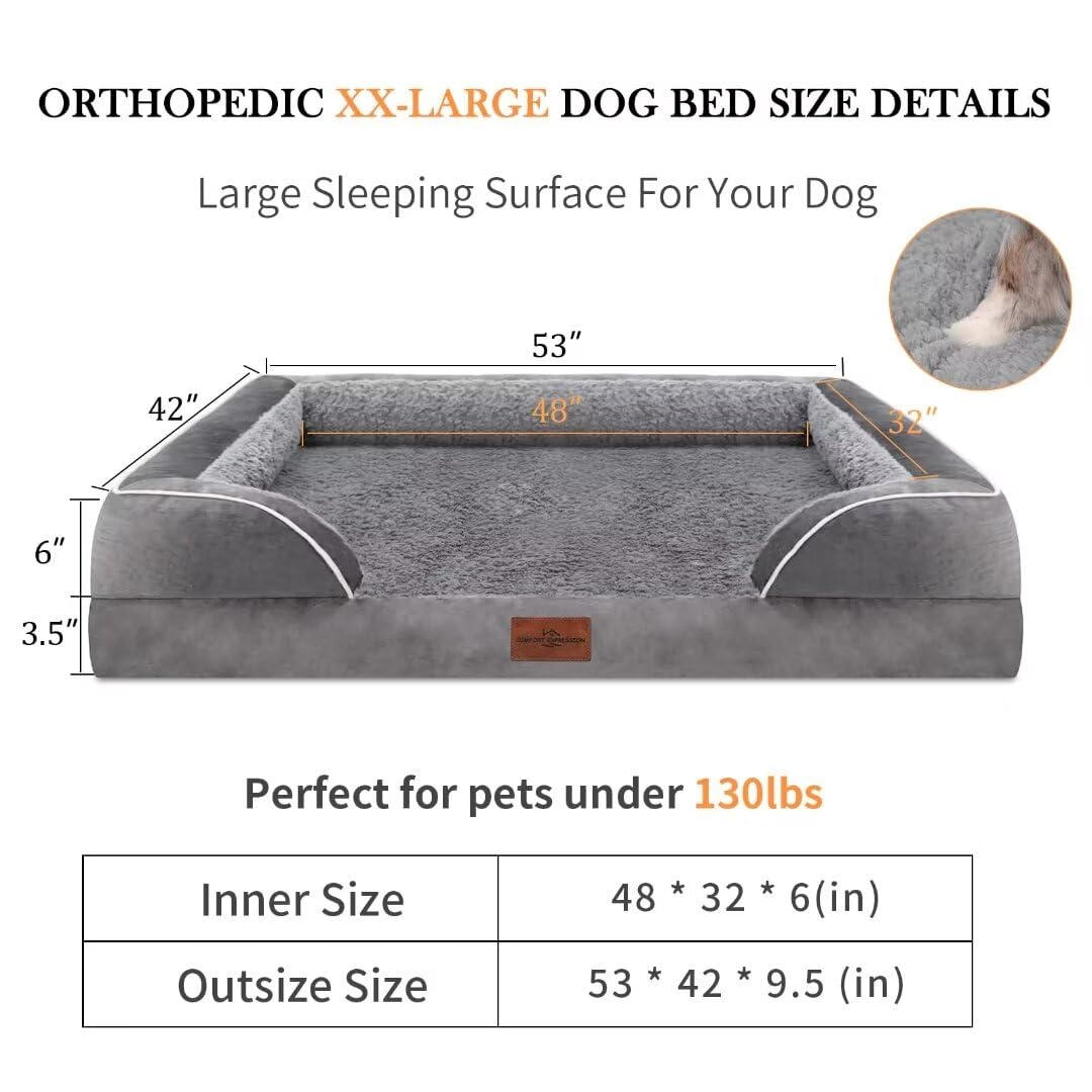 Comfort Expression Cooling Dog Bed, Orthopedic Memory Foam Dog Bed For Giant Dogs, Xxl Dog Bed For Extra Large Dogs, Waterproof Dog Bed With Bolster & Removable Cover(Xx-Large,Silver Grey)