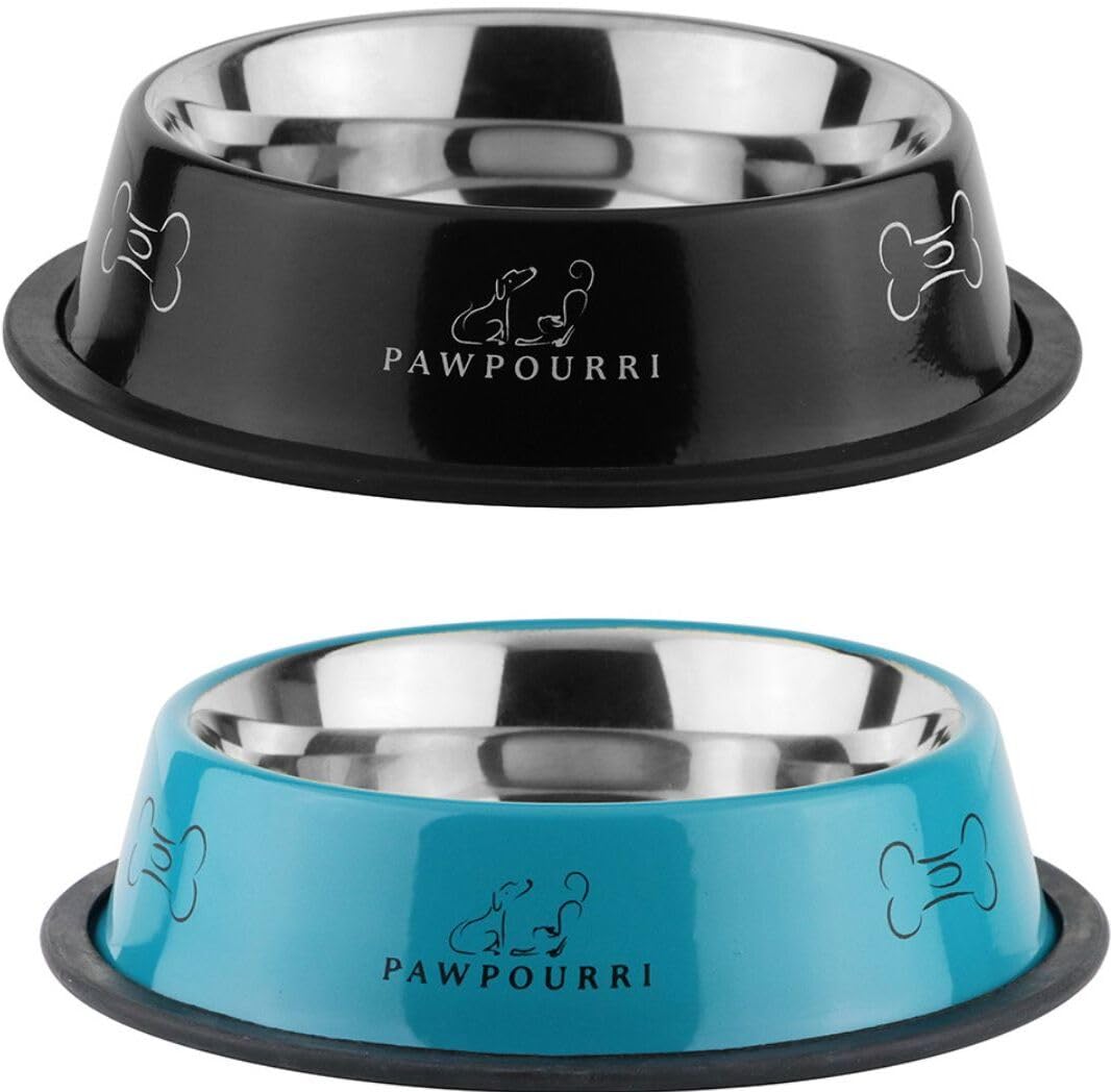 Pawpourri Combo Of AntiSkid Feeding Bowls For Dogs, Cats & Puppy Pet Bowl Pack 2 Stainless Steel Pet Bowl (700 Ml Each, Black &