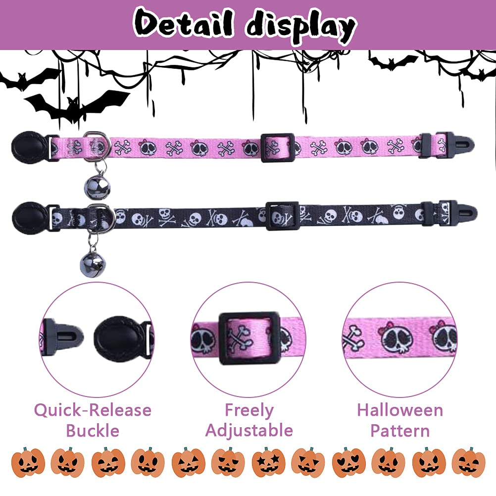 Pupteck Breakaway Cat Collar With Bell Charm, 2 Packs Adjustable Kitty Collars Pink & Black Skull Pattern