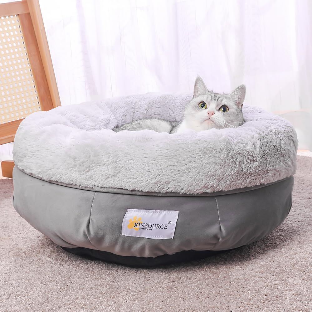 Xinsource Cozy Round Pet Bed, Cats Bed, Dogs Bed. Super Soft Plush Interior For Ultimate Comfort. High Walls Provide Extra Suppo
