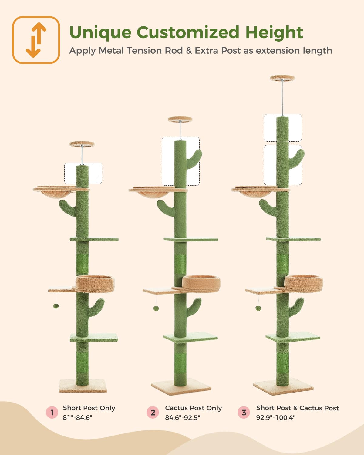 Pequlti Floor To Ceiling Cat Tree Adjustable Height (87''-100''), 5 Levels Cactus Cat Tower With Perch&Replaceable Hammock, 4.1'