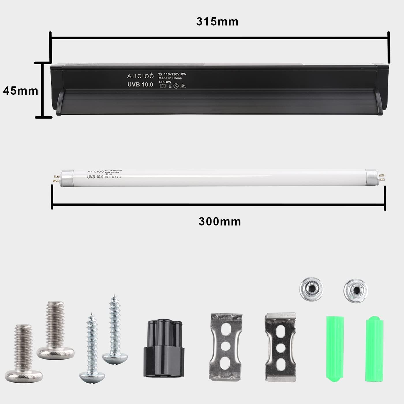 Aiicioo T5 UVB Lighting Combo Kit 12" Fixture & 8W Bulb for Reptiles, Black, Model AI-T5-10