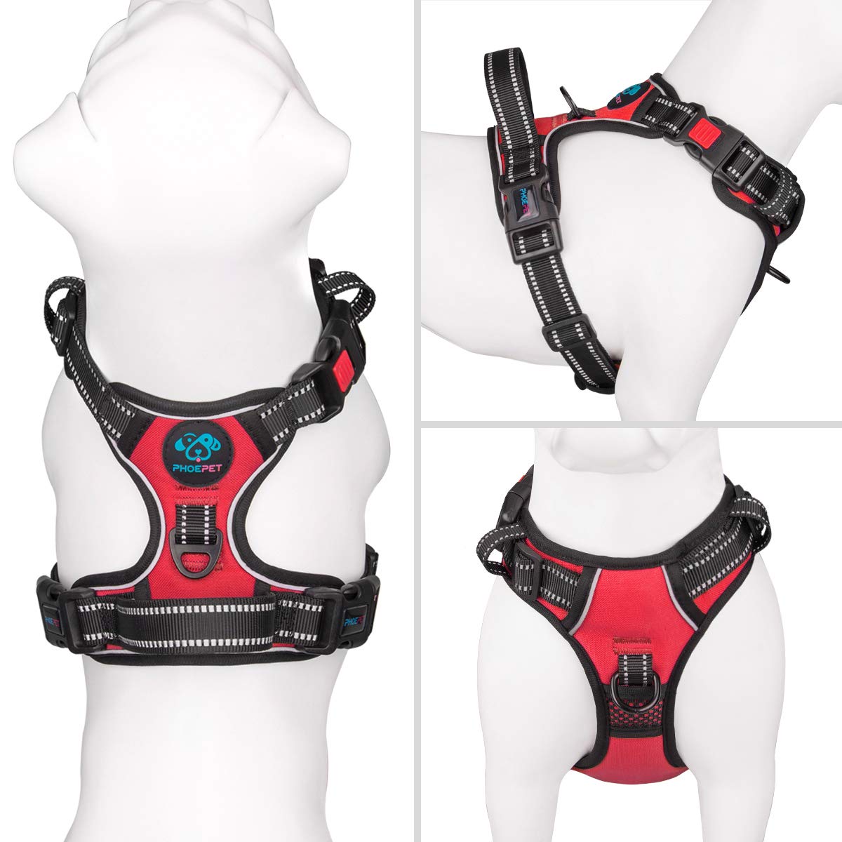 Phoepet No Pull Dog Harnesses For Small Dogs Reflective Adjustable Front Clip Vest With Handle 2 Metal Rings 3 Buckles [Easy To Put On & Take Off](Xs, Red)