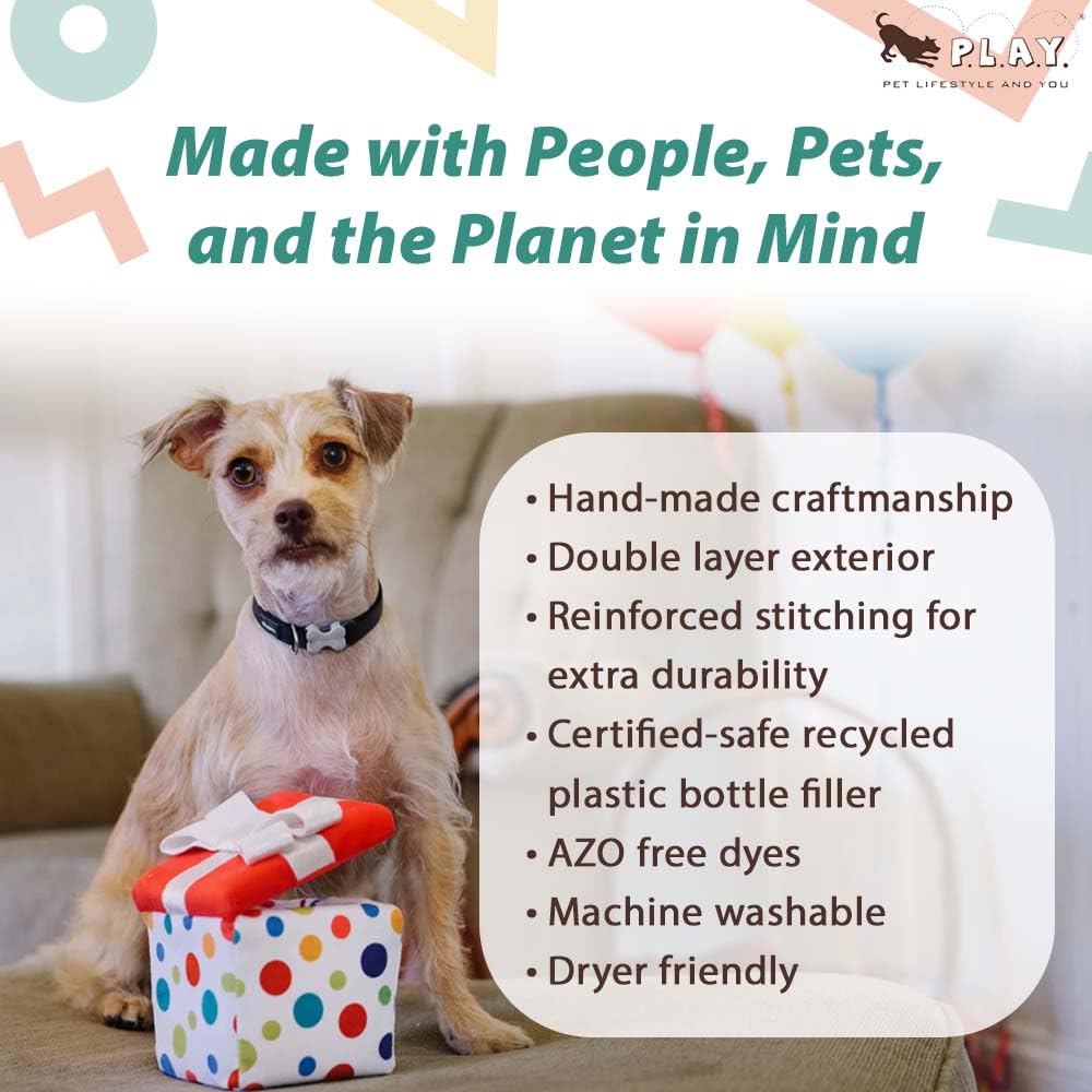 P.L.A.Y. Cute Plush Dog Toys - Birthday Party Celebration Themed Durable Squeaker Chew Toys, For Puppies & Small, Medium, Large