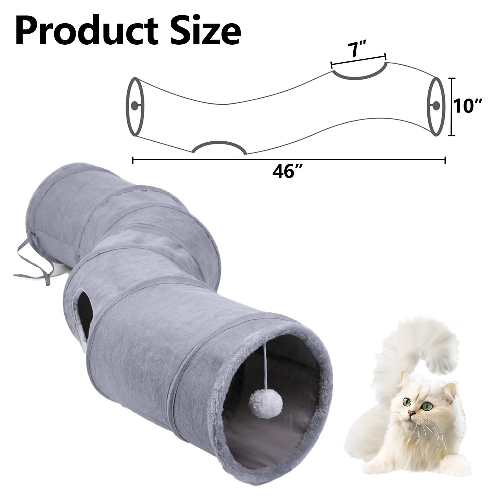 TiLanmiy S-Shape Collapsible Cat Play Tube with Plush Ball, Indoor Tunnel for Puppy, Kitty, Rabbit, Model CT013, Suede Material