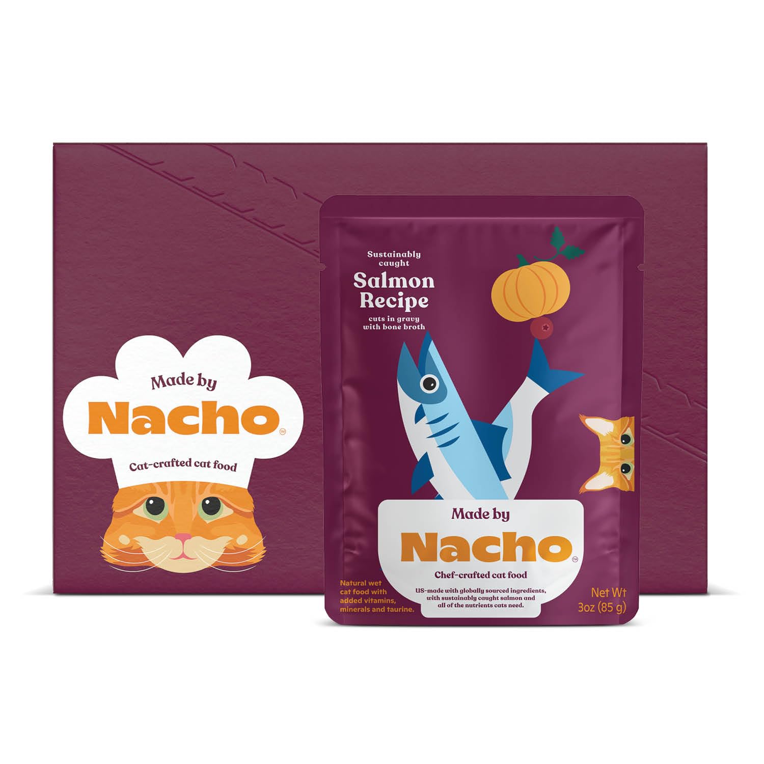 Made by Nacho Wet Cat Food, Cuts in Gravy, Sustainably-Caught Salmon with Bone Broth for Extra Hydration, (12) 3 oz. Pouches, Li