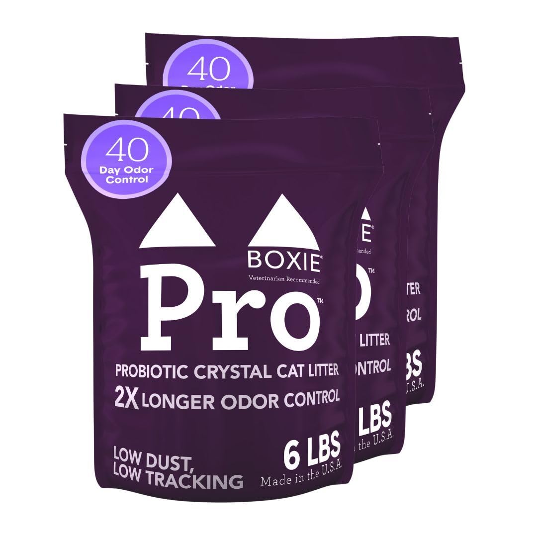 Boxie Probiotic Unscented Crystal Cat Litter, 40-Day Odor Control, 18lb (3 Pack of 6lb Bags), Non-Clumping, Dust-Free, Lightweig