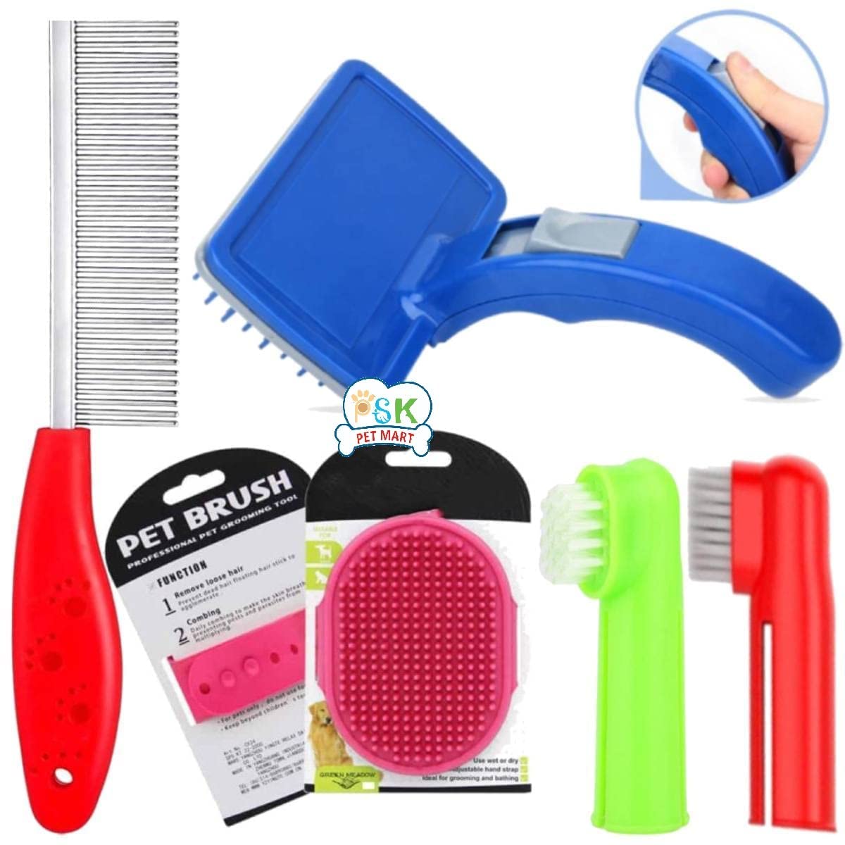 Psk Pet Mart Dog Grooming Kit  Plastic Slicker Brush With Press Key For Puppies + Toothbrush + Pet Grooming Glove + Steel Comb 