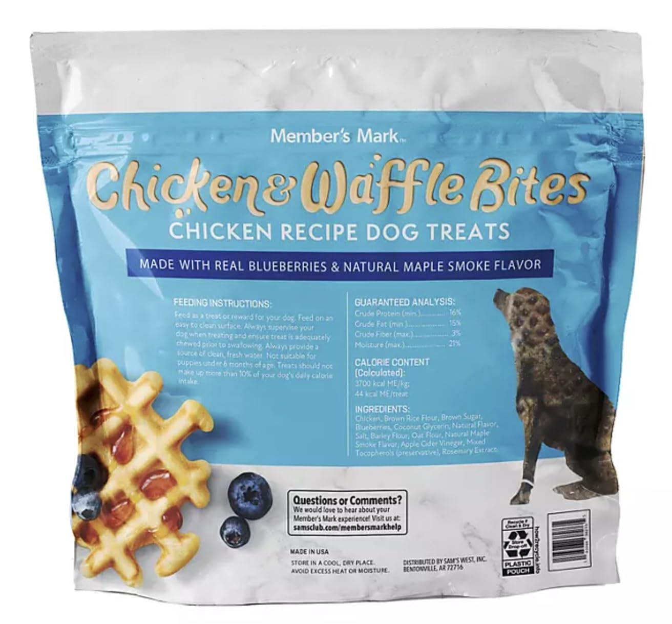 Member Mark Chicken & Waffle Bites Dog Treats - 48 oz (3 lbs) - Chicken Recipe Made with Real Blueberries & Natural Maple Smoke