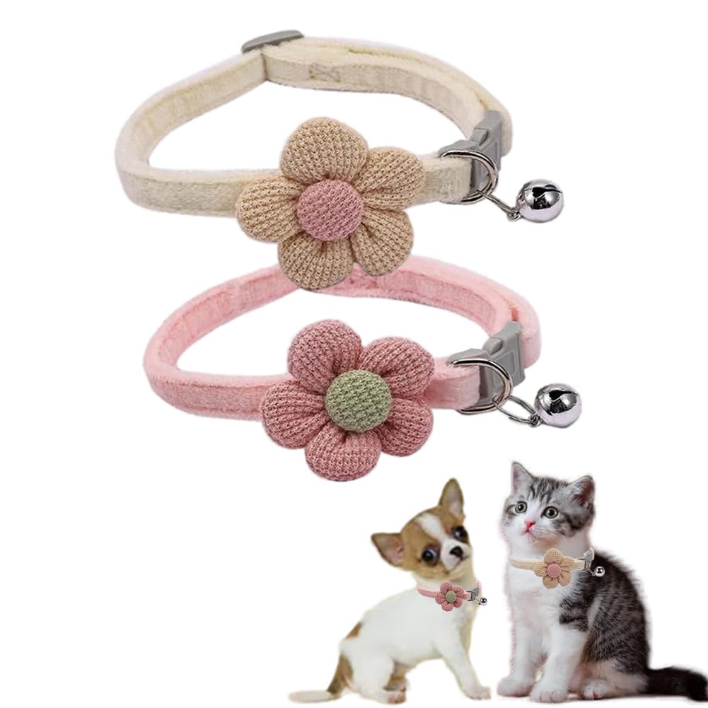 Small Cat Collar With Bell,(2 Pack Pink+Beige) Small Dog Collar With Bells Flower Suede Girl Cute Fancy Puppy Collar With Bells 