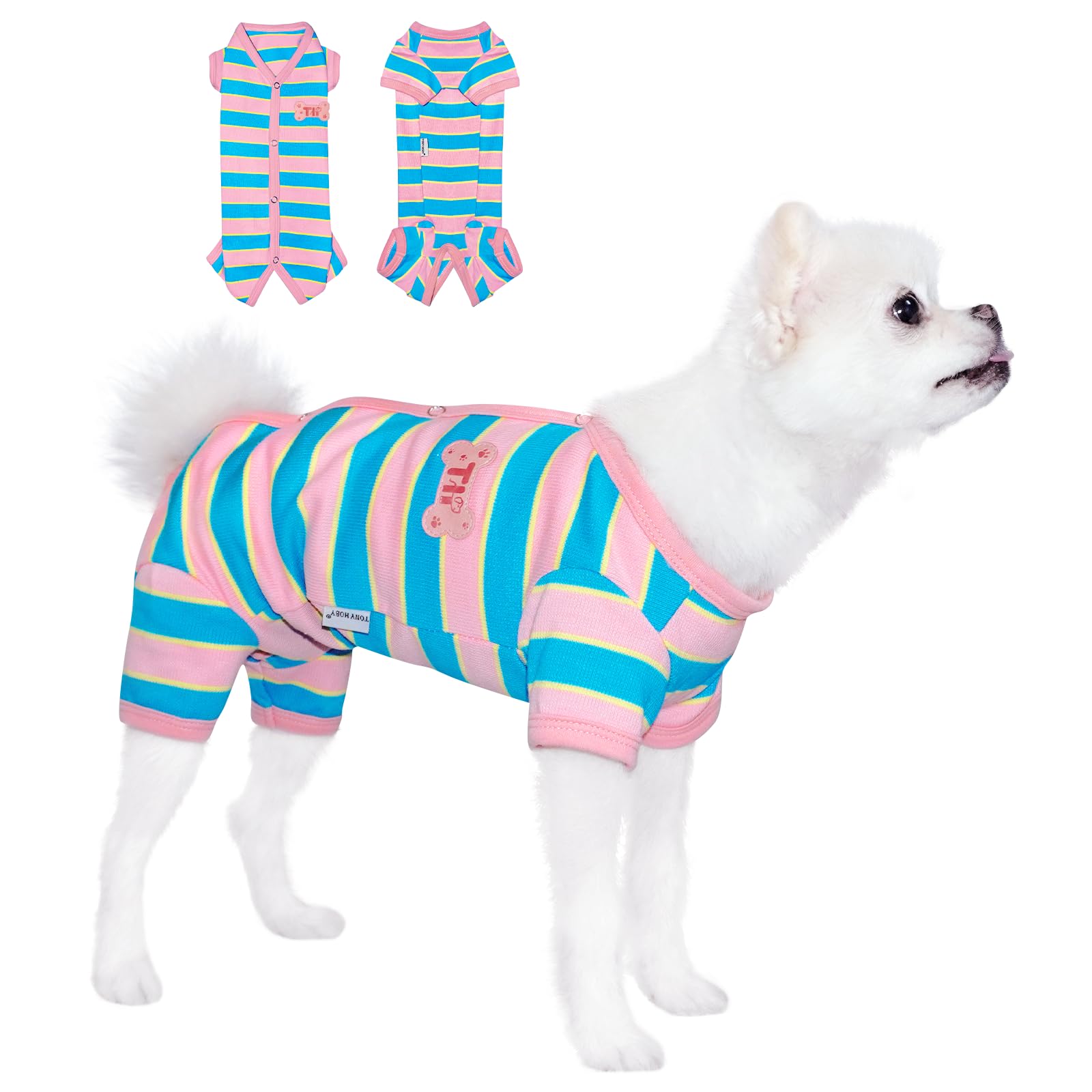 Tony Hoby Female Dog Pajamas With Colorful Stripe, Pet Clothes For Small Medium Dogs (Pink&Blue, Girl, L)