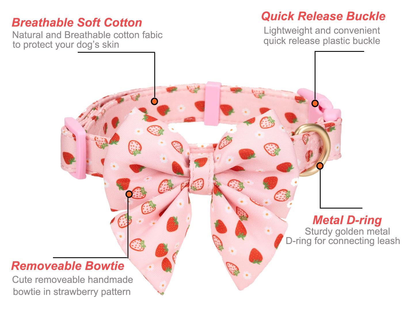 Ewinoom Bowtie Dog Collar Adjustable Soft Christmas Cotton Dog Collars In Cute Strawberry Pattern,For Small Medium Large Girl Do