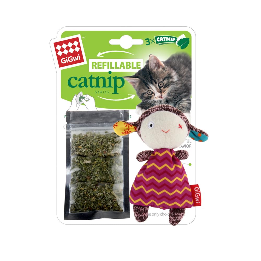 Gigwi Refillable Catnip Sheep Cat Toy, Includes 3 Organic Catnip Ziplock Bags For Maximum Freshness, Colorful Design Encourages 