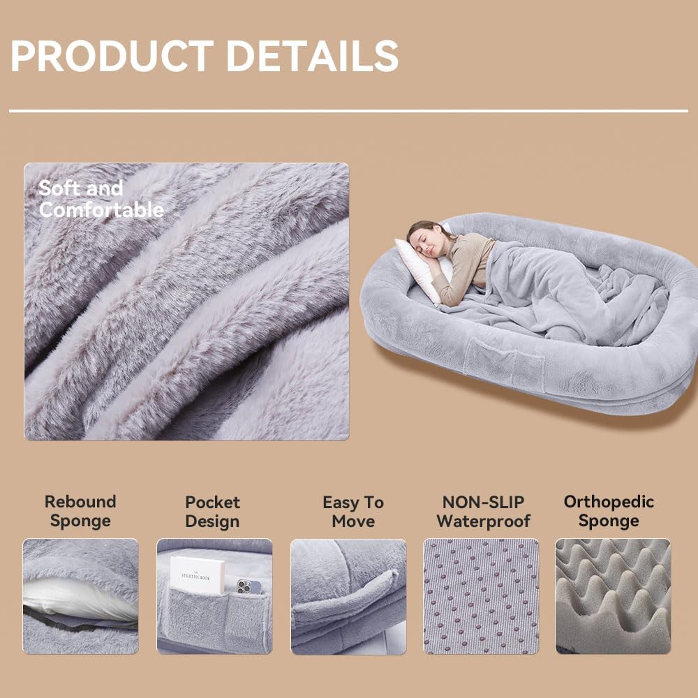 Human Dog Bed 63   X36.6   X11    Large Dog Bed With Raised Cushioned Rim, Removable Cover, Waterproof Lining And Bonus Blanket;