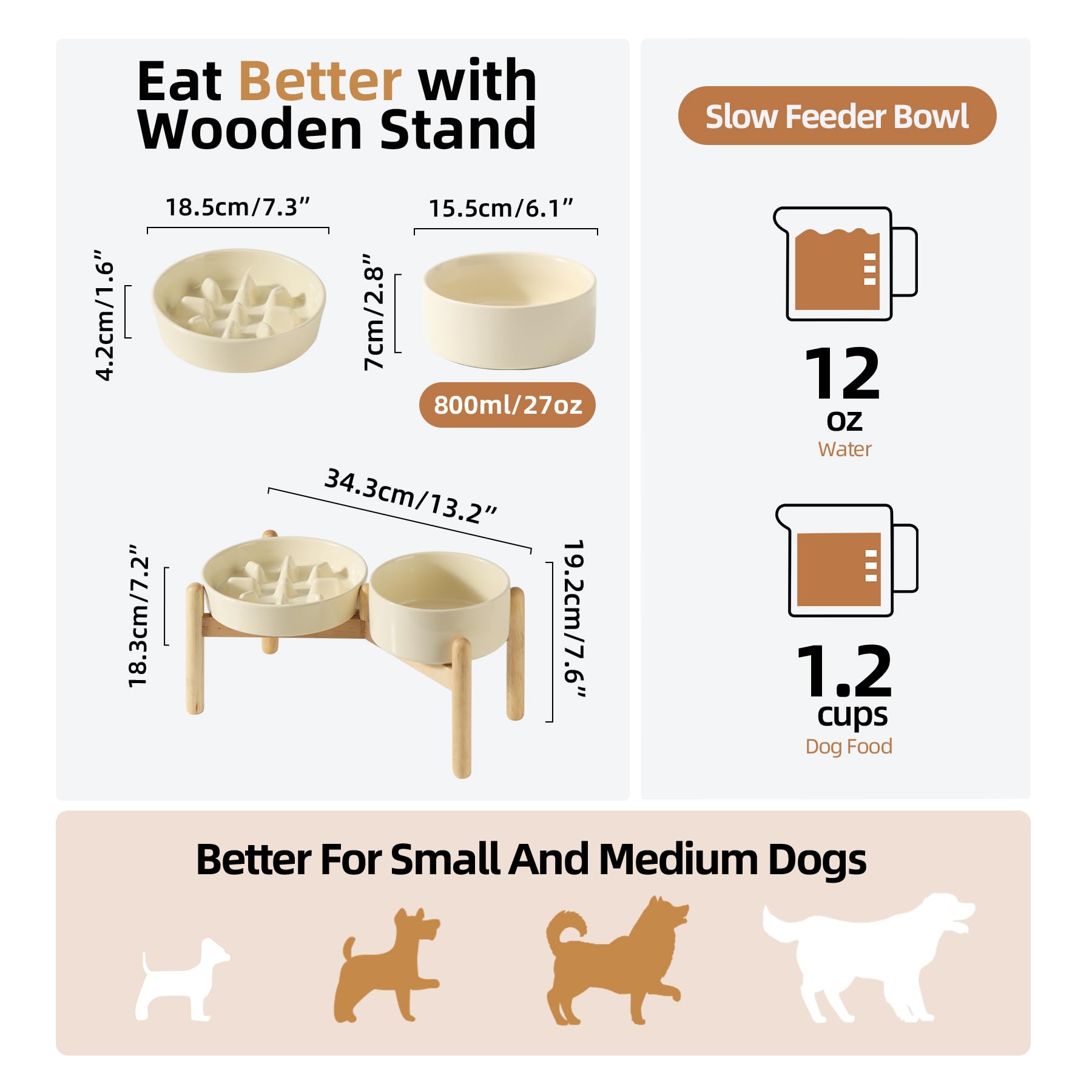 Havniva Ceramic 1.2 Cup Raised Slow Feeder Dog Bowl Set, Elevated 6.1inch Bowl and 7.3inch Slow Pet Food Dish with Wooden Stand
