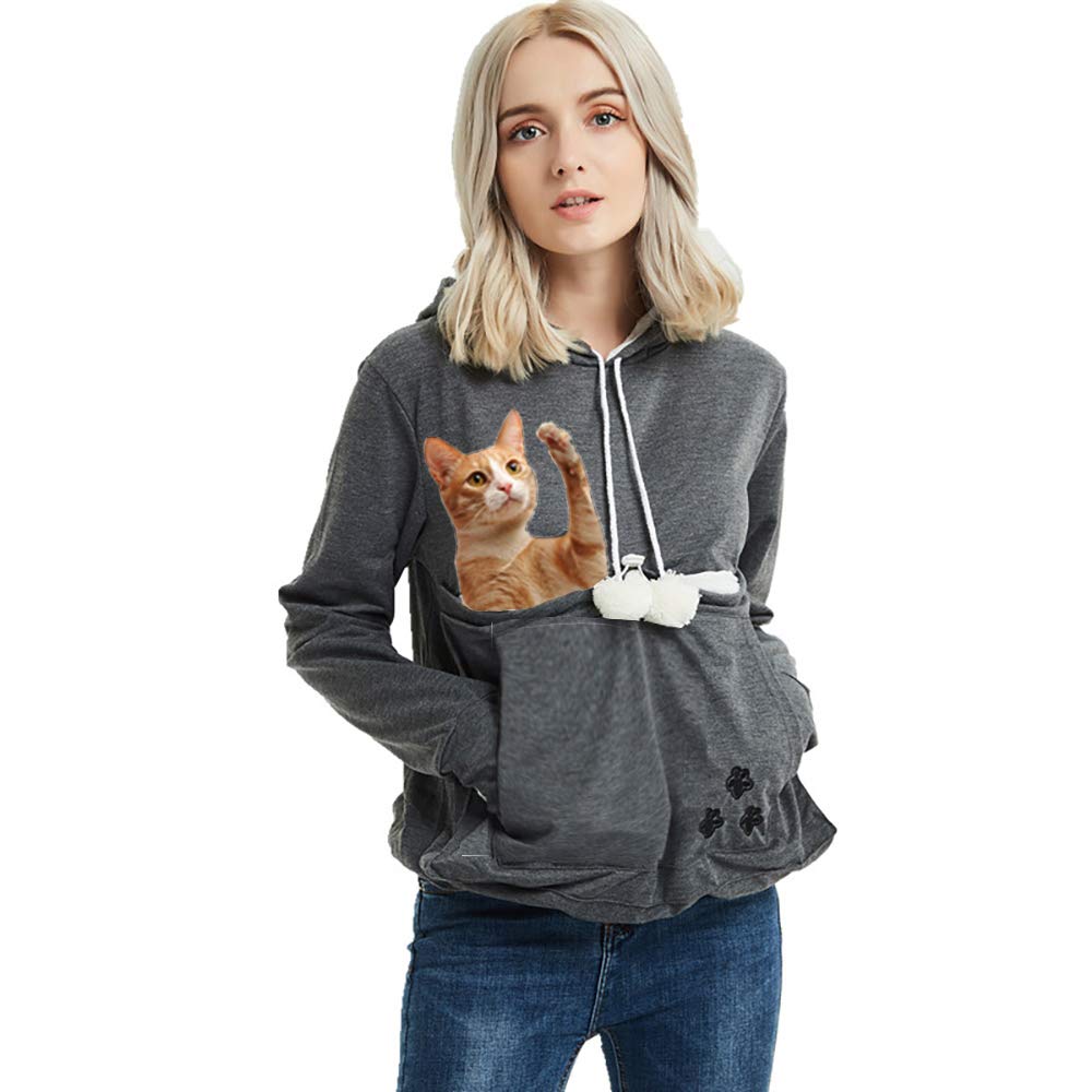 Jomago Womens Pet Carrier Thin Hoodies Kitten Puppy Pouch Shirts Animal Holder Hood Long Sleeve Sweatshirt Thin Dark Grey