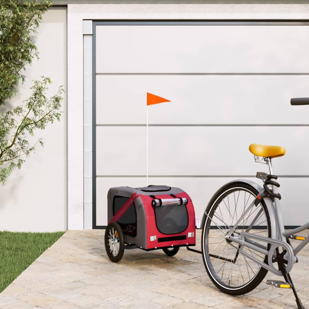 vidaXL Pet Bike Trailer for Small Dogs - Red/Gray Oxford Fabric Bicycle Pet Carrier with Iron Frame, Mesh Windows, Zippered Doors, Safety Flag, and Reflectors - Comfortable and Secure Pet Transport
