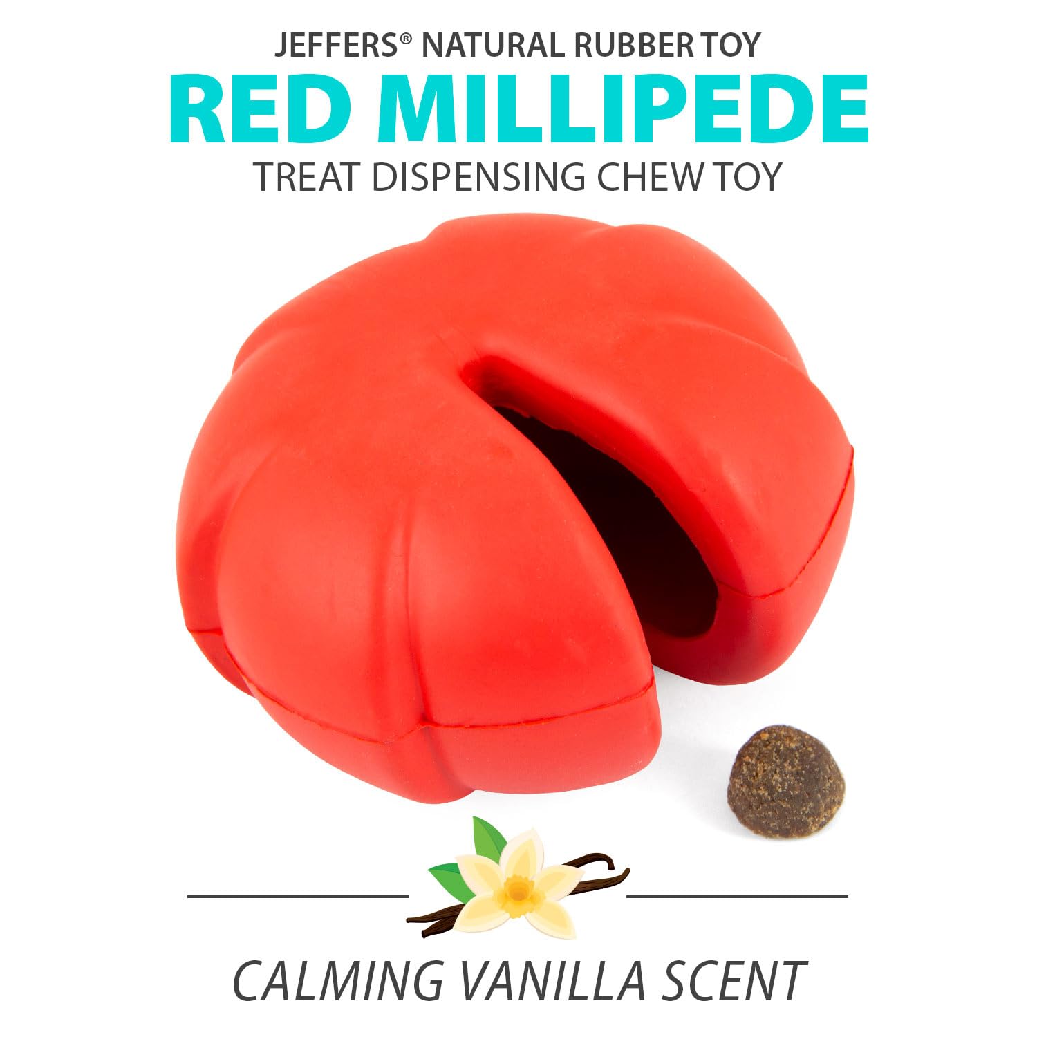 Jeffers Pet Natural Rubber Dog Chew Toy - Red Millipede, Medium - Treat Dispensing, Vanilla Scent, Durable, Non-Toxic, Dishwashe