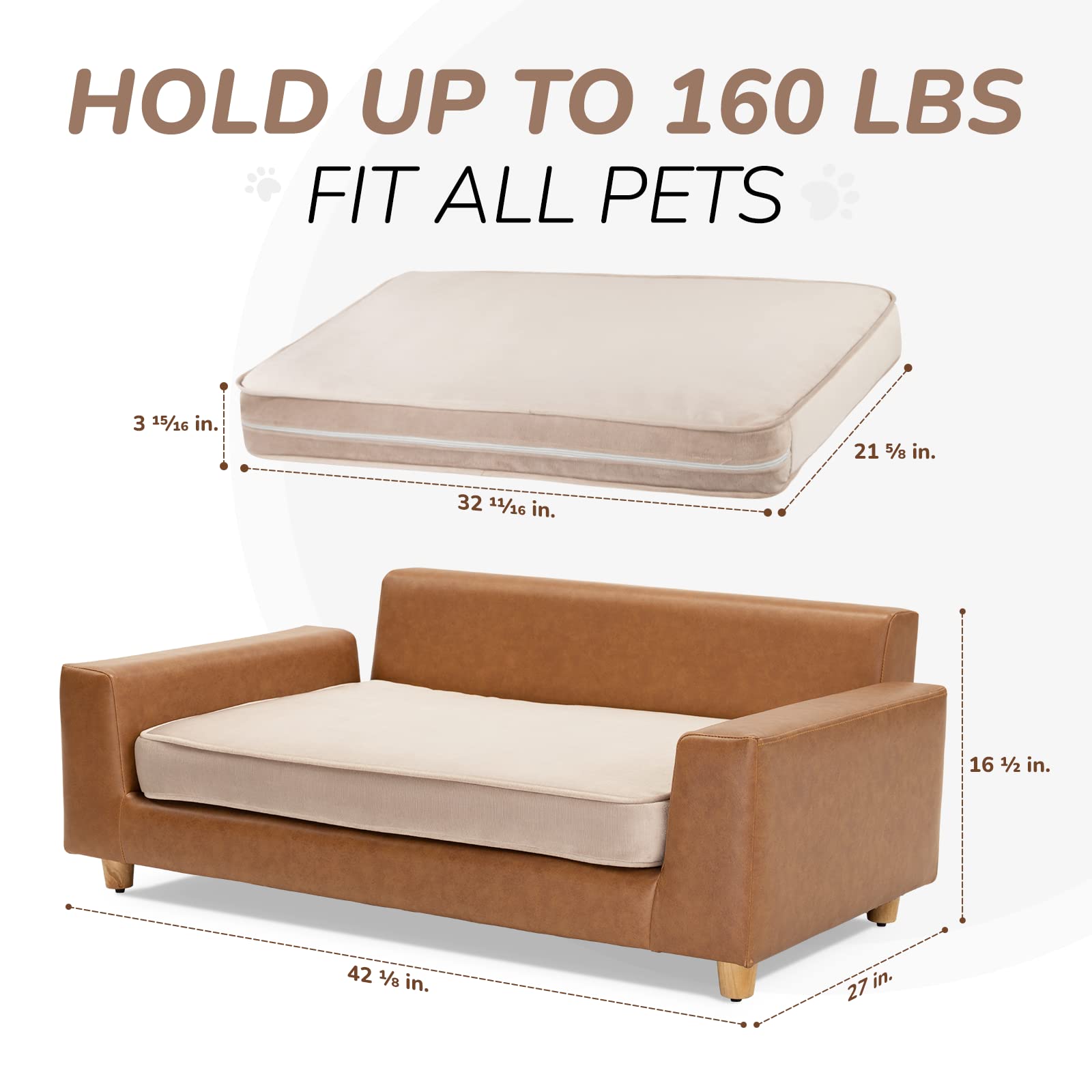 Dcee Luxury Large Dog Sofa Bed, Holds 160 Lbs, 42 In. Luxury Leather Dog Couches With Removable Washable Velvet Cushion For Comf