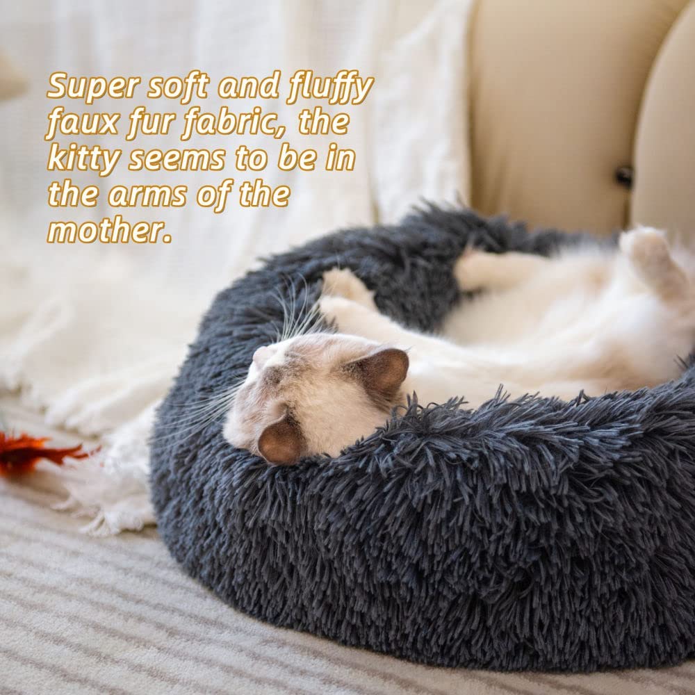 Cat Beds For Indoor Cats - Small Dog Bed Washable 24 Inches, Anti Anxiety Round Fluffy Plush Faux Fur Pet Bed, Thick Bottom (Dar
