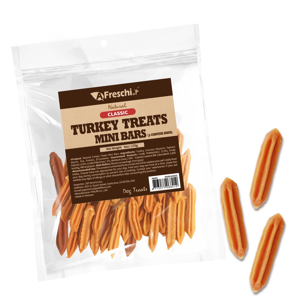 Afreschi Natural Turkey Treats Mini Bars - 6 oz, USA-Sourced Trukey, All-Natural, Hypoallergenic, Low-Fat, Healthy & Easily Dige