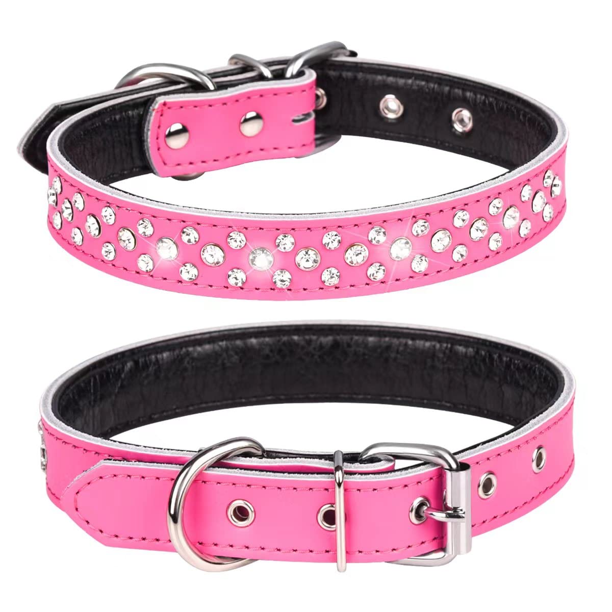 Btdcfy Rhinestones Pet Dog Collars Adjustable Sparkly Crystal Studded Genuine Leather Pet Collar For Small And Medium Dog 1' Wide (S(Neck 11-13'), Rose Red)