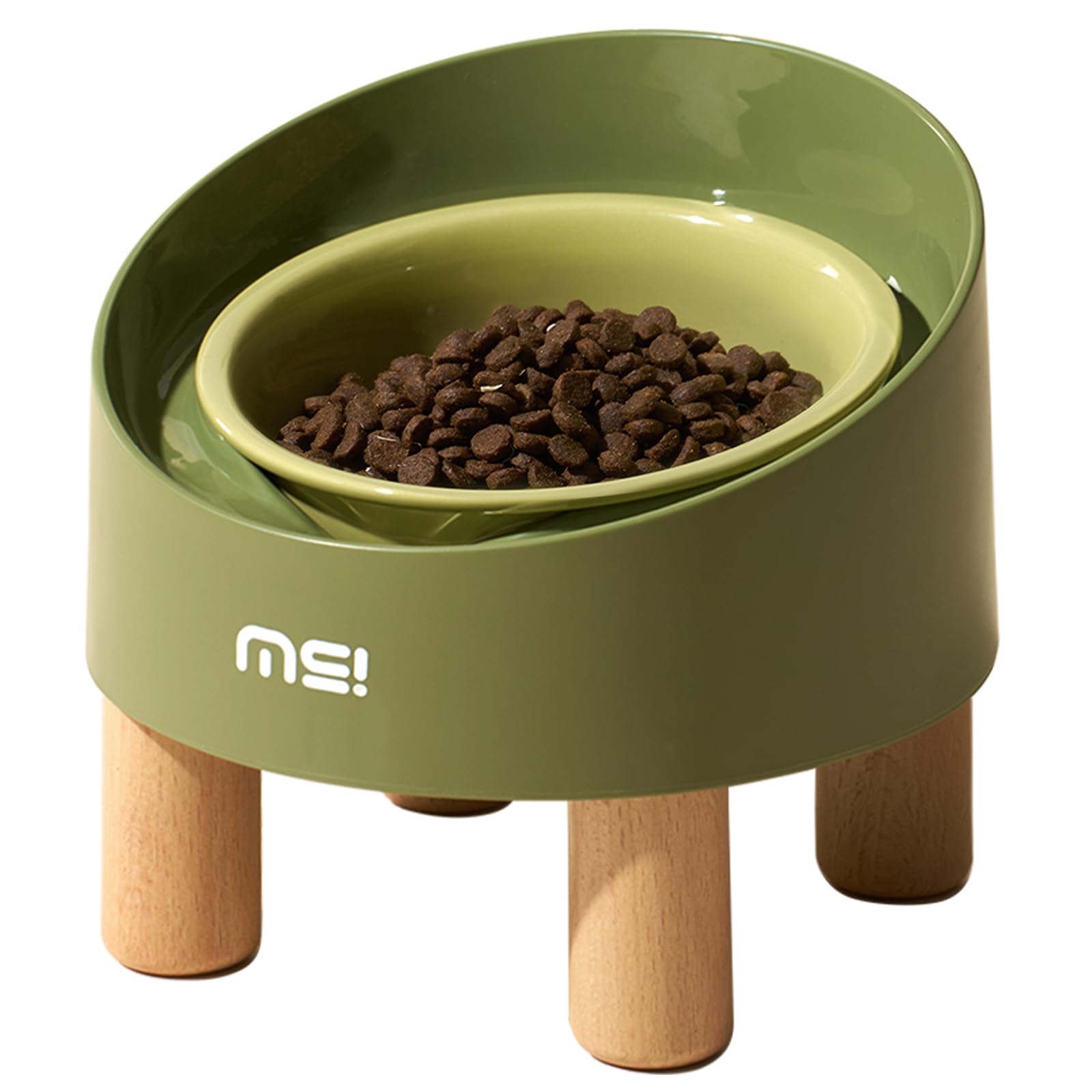 MS!MAKE SURE Ceramic Elevated Cat Bowls with Wooden Stand, Adjustable Raised Pet Bowls for Small Dogs & Cats, Anti - Slip Rubber