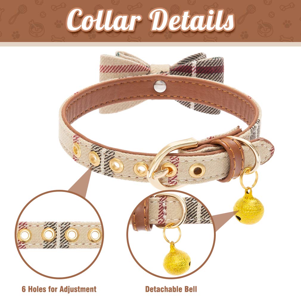 EXPAWLORER Dog Collar and Leash Set - Adjustable Plaid Bow Tie & Bandana, Small, Cream, Model INV005-01, Perfect for Dogs & Cats