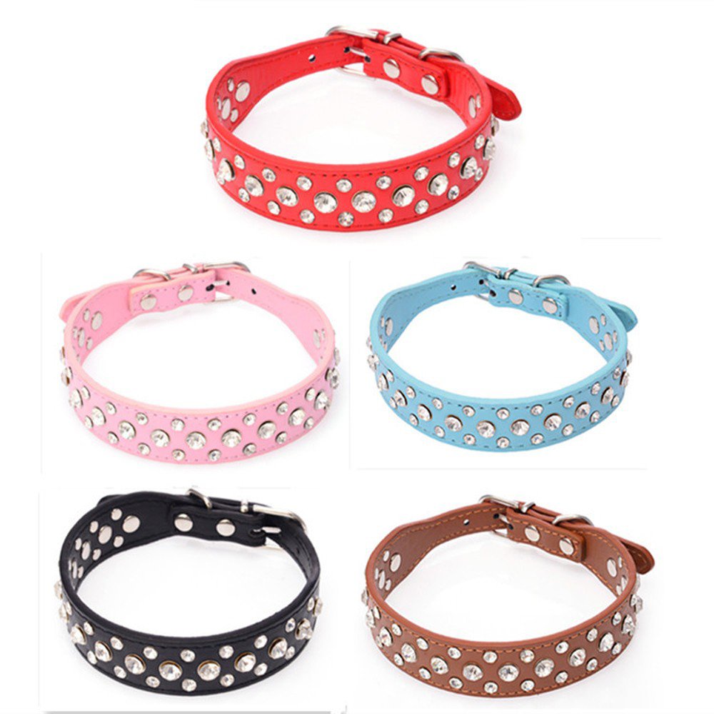 Dogs Kingdom 12''-20'' Length Personalized Rhinestone Leather Bling Crystal Pet Dog Cat Collars For Small Medium Breeds Black M