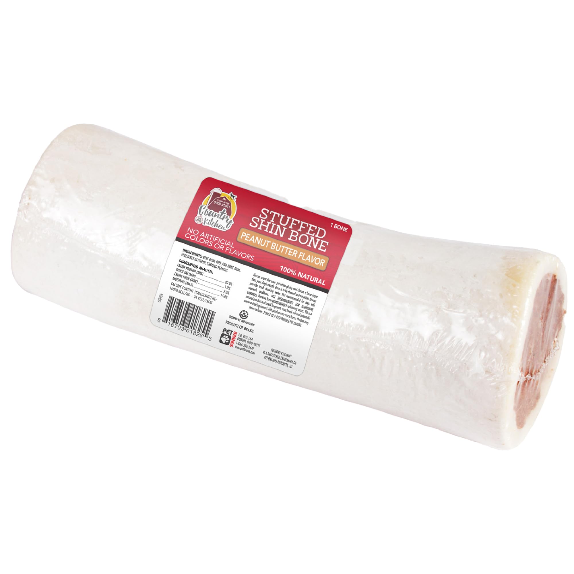 Country Kitchen Stuffed Shin Bone Peanut Butter Flavor Dog Treat, 100% Natural, Long Lasting, 1 Large Bone, 5-6 Inches