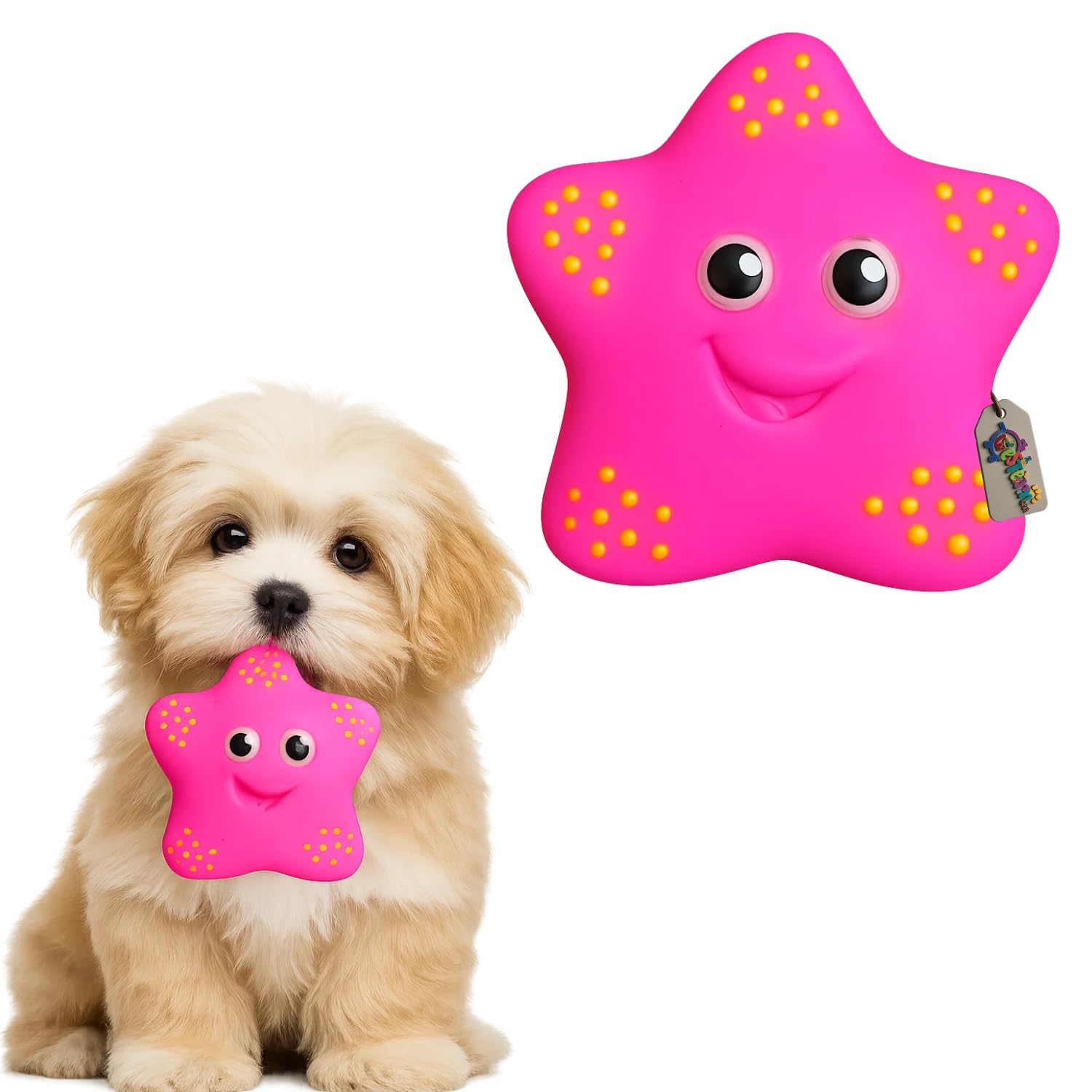 Western Era Star Shape Dog Squeaky Toy | Bright Pink Rubber Toy With Smiley Face For Puppies & Small Dogs | Durable Soft Chew Pe